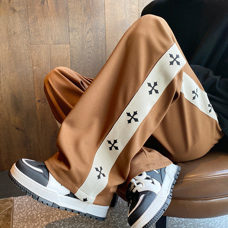 Simple Side Cross Men's Casual Pants Loose Latte Art Drape