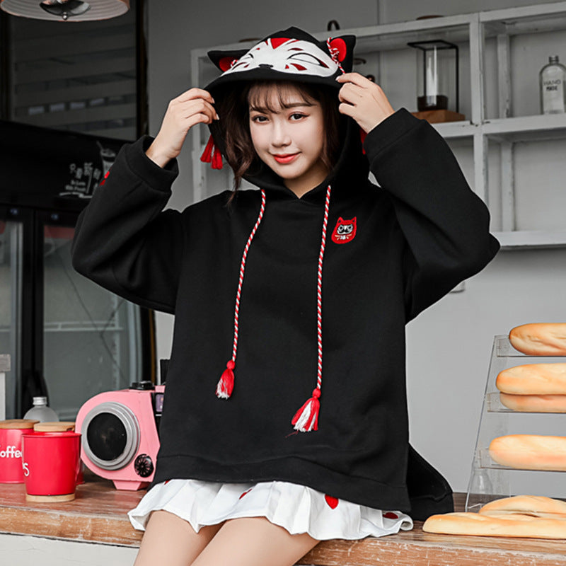 Two-Dimensional Cat Ears Hooded Plus Fleece Sweater