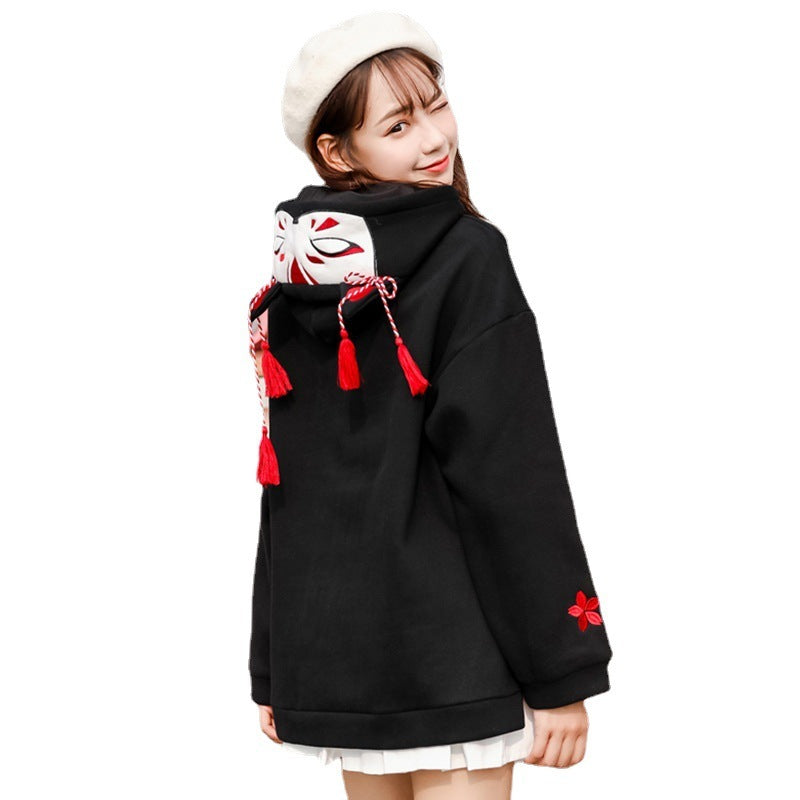 Two-Dimensional Cat Ears Hooded Plus Fleece Sweater