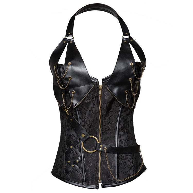 Punk Leather Corset With Belt Halter Shape Body