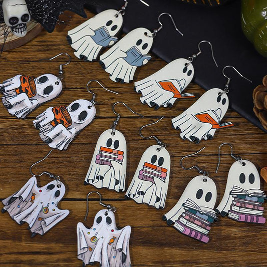 Halloween Book Ghost Earrings Wooden Double-sided