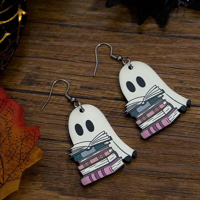 Halloween Book Ghost Earrings Wooden Double-sided