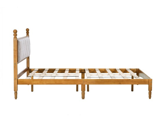 Wood Bed Frame With Fabric Upholstered Headboard