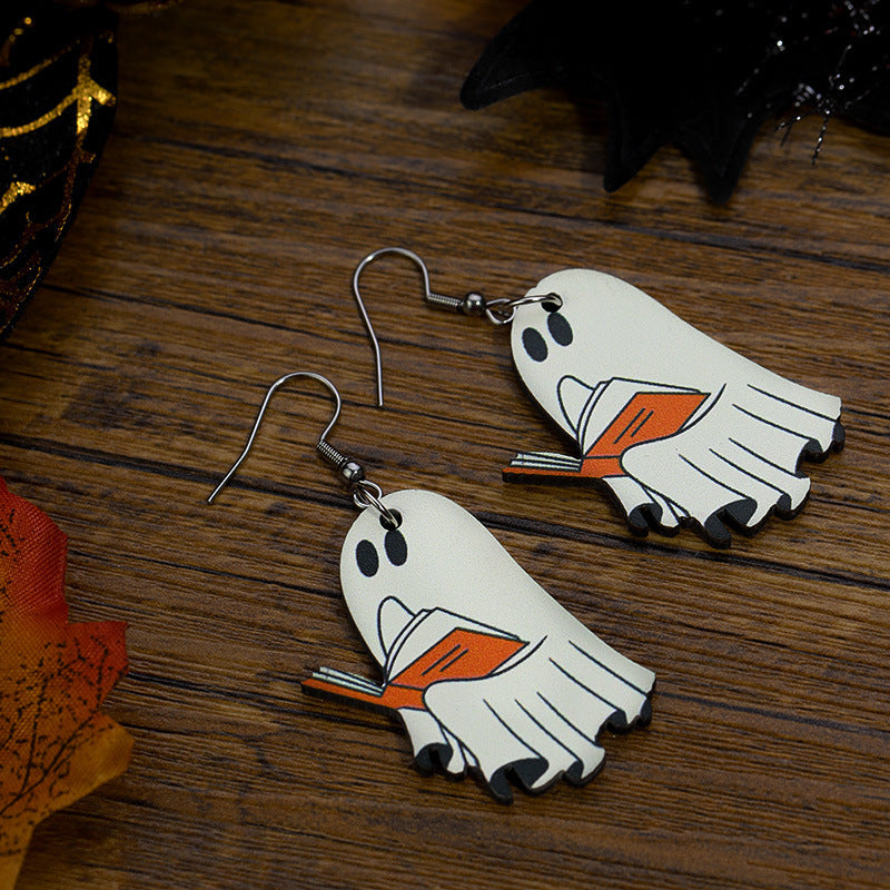 Halloween Book Ghost Earrings Wooden Double-sided