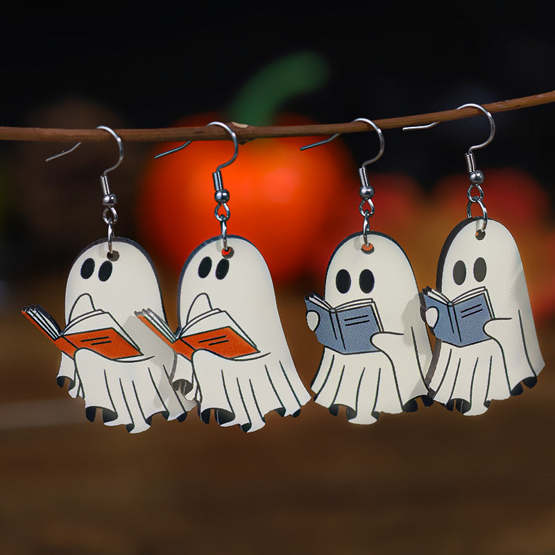 Halloween Book Ghost Earrings Wooden Double-sided