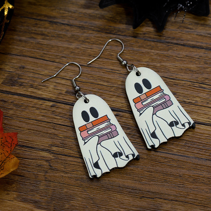 Halloween Book Ghost Earrings Wooden Double-sided