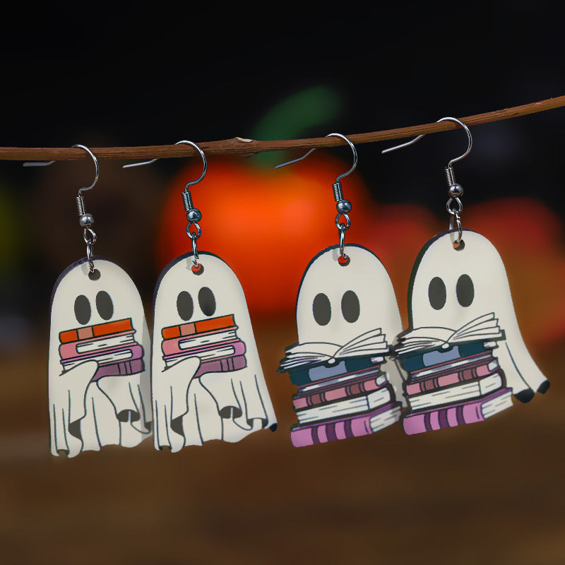 Halloween Book Ghost Earrings Wooden Double-sided