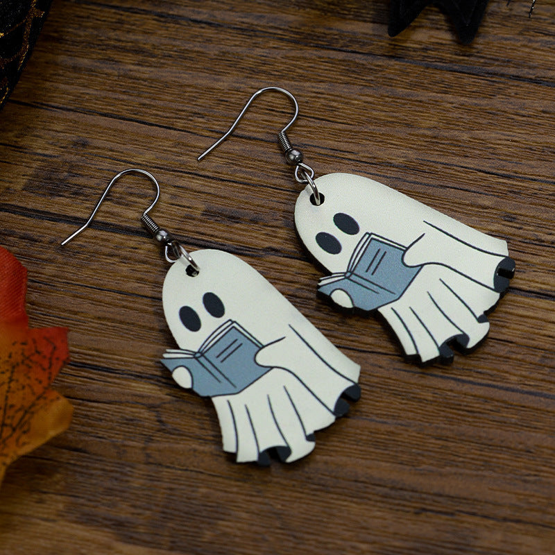 Halloween Book Ghost Earrings Wooden Double-sided