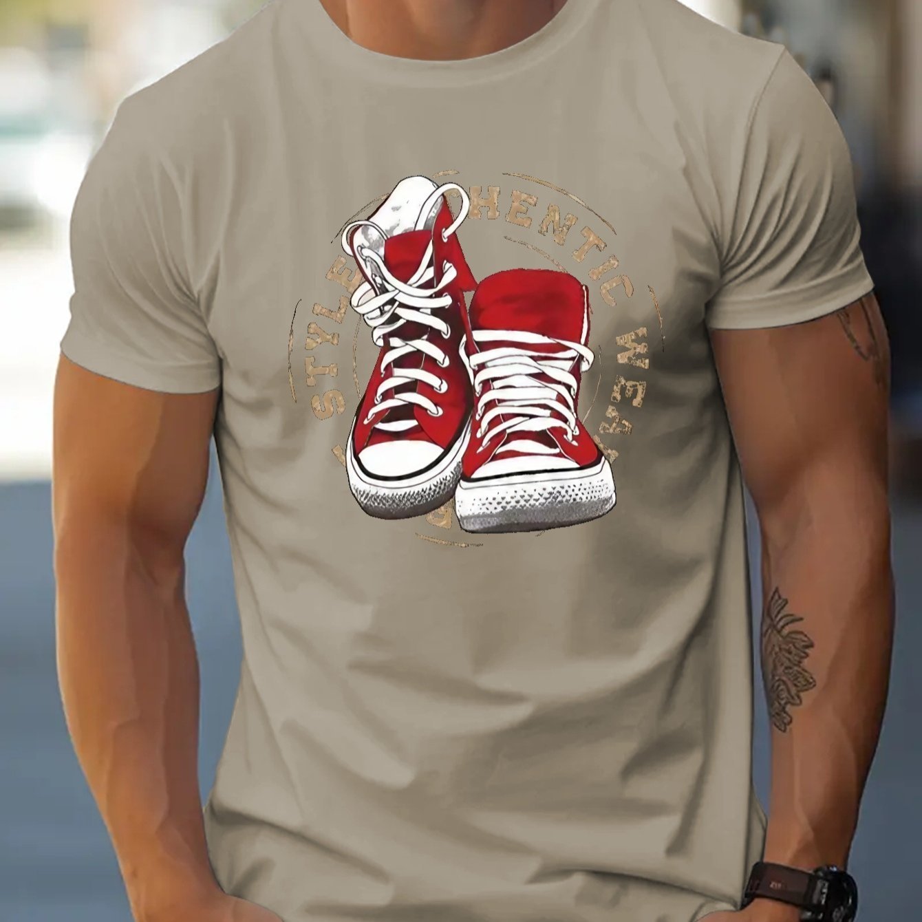 Canvas Shoe Pattern Printed Men's Creative Top, Casual Short Sleeved Round Neck T-shirt, Summer Outdoor Men's Clothing